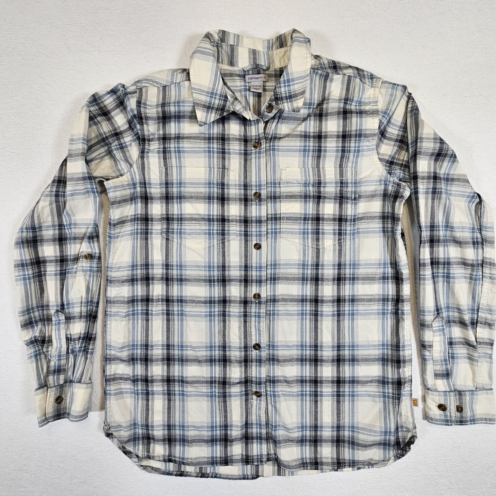Carhartt Shirt Womens Small S 8/10 White Plaid Long Sleeve‎ Button Up Blue White